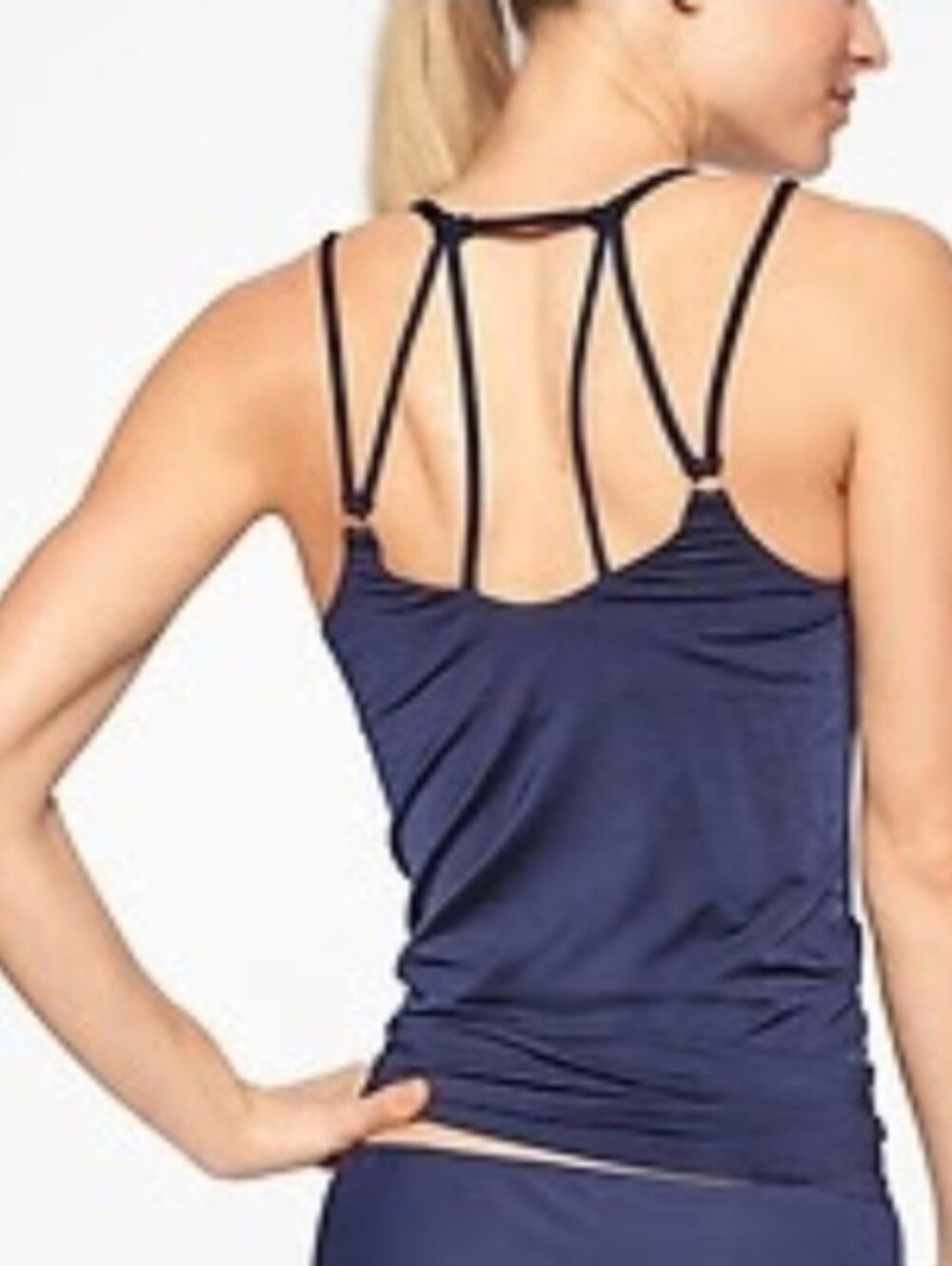 Athleta Aqualuxe Blousy Tankini Top Womens Small Navy Blue Strappy Back